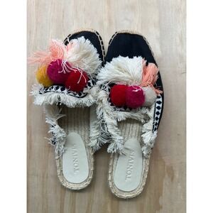 Tonivis Womens Black Canvas Espadrille Mules Pom Pom Tassel Boho Slides Size 9
